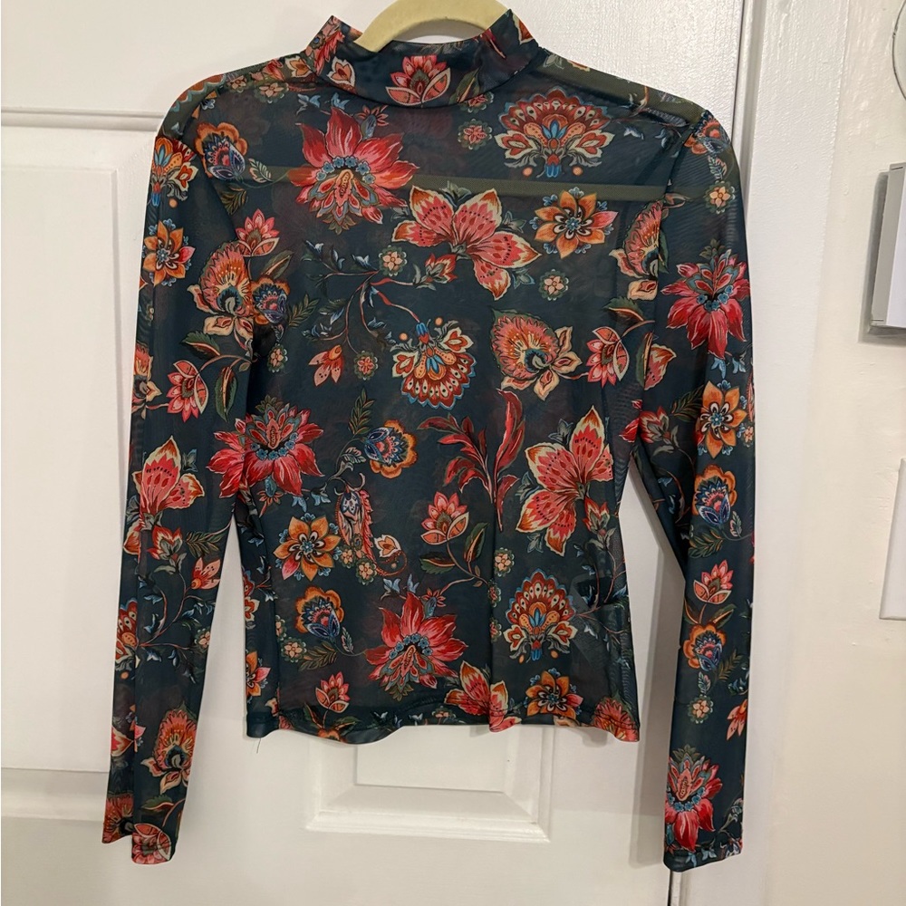 Anthropologie Pink and Green Fitted Blouse with Mock Neck Collar